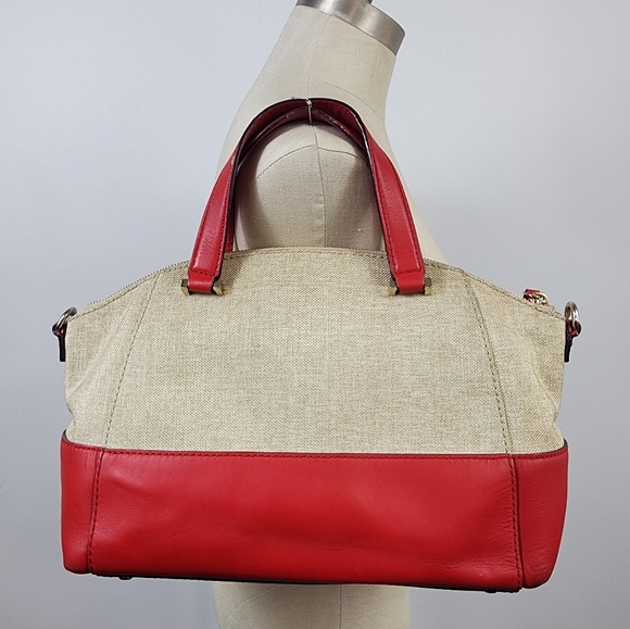 Kate Spade Red Beige Canvas Leather 2Way Crossbody Top Handle Satchel - Picture 3 of 16